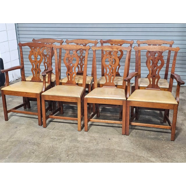 Set of 8 Stickley Chippendale Solid Cherry Dining Chairs Leather Seats Made Usa For Sale - Image 10 of 15