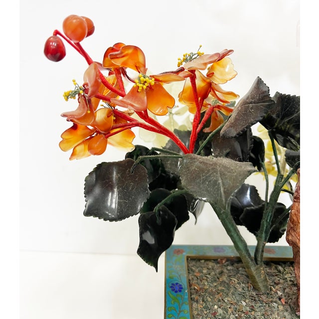 Teal Vintage Chinese Jade Precious Stone Bonsai Tree Sculpture, Cloisonné Planter For Sale - Image 8 of 12