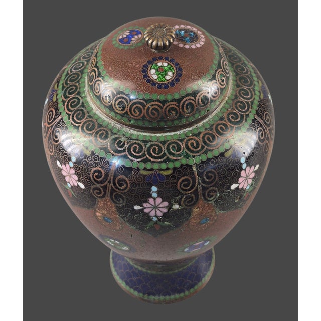 Japanese Vintage Japanese Meiji Cloisonné Enamel Floral Covered Jar For Sale - Image 3 of 13