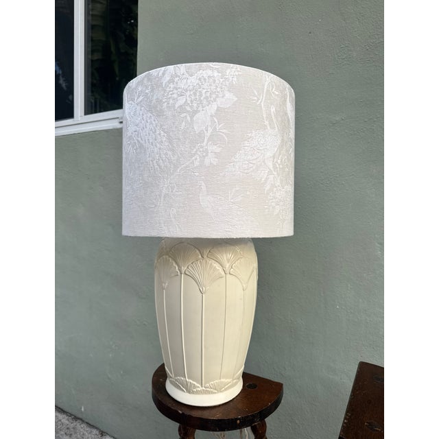 1940s White Art Deco Ceramic Lamp — Custom Peacock Shade For Sale - Image 9 of 10