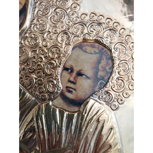 Icon Depicting the Virgin and Child, Painting on Panel with Repoussé Silver Layer, 19th Century For Sale - Image 4 of 6