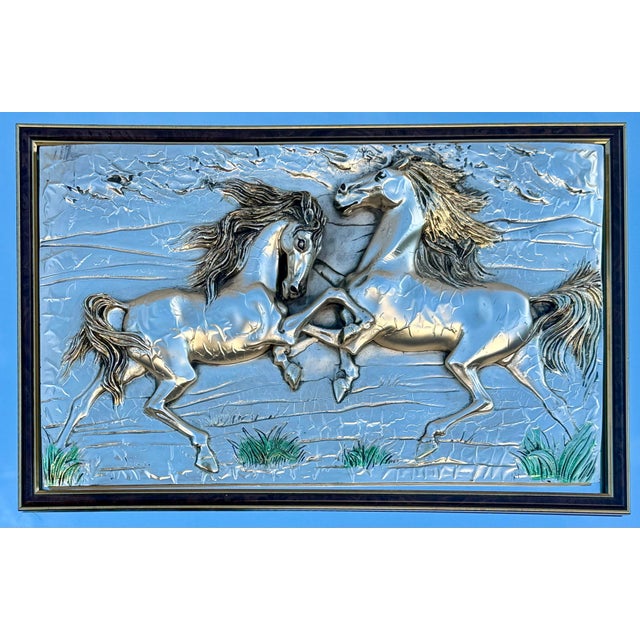 An exquisite vintage Italian framed mirror by Artistic Creation featuring a high-relief sterling silver plate with a...