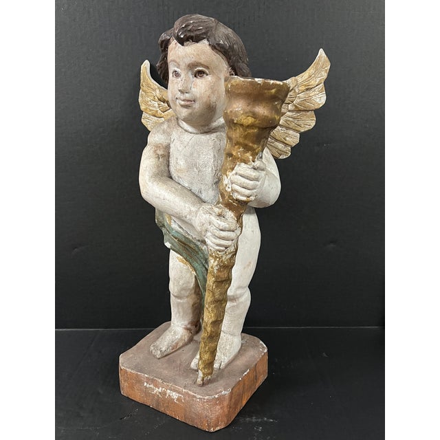 Vintage Carved Wood Standing Angel Sculpture With Glass Eyes For Sale In New York - Image 6 of 9