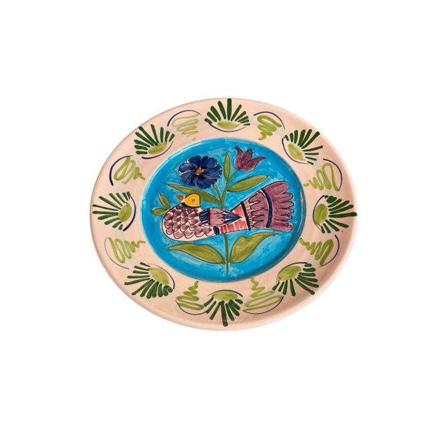 Italian Vintage Italian Hand-Painted Majolica Ceramic Wall Plate – Bird & Tulip Motif For Sale - Image 3 of 12