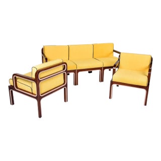 Mid Century English Mod Three Piece Set With Wood Framed Sofa and Pair Armchairs For Sale