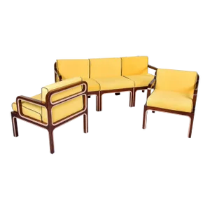 Mid Century English Mod Three Piece Set With Wood Framed Sofa and Pair Armchairs