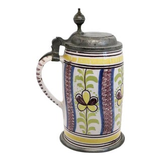 German Pewter Mounted Faience Pottery Tankard For Sale