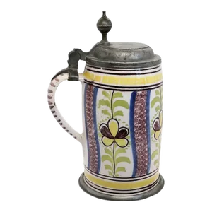 German Pewter Mounted Faience Pottery Tankard