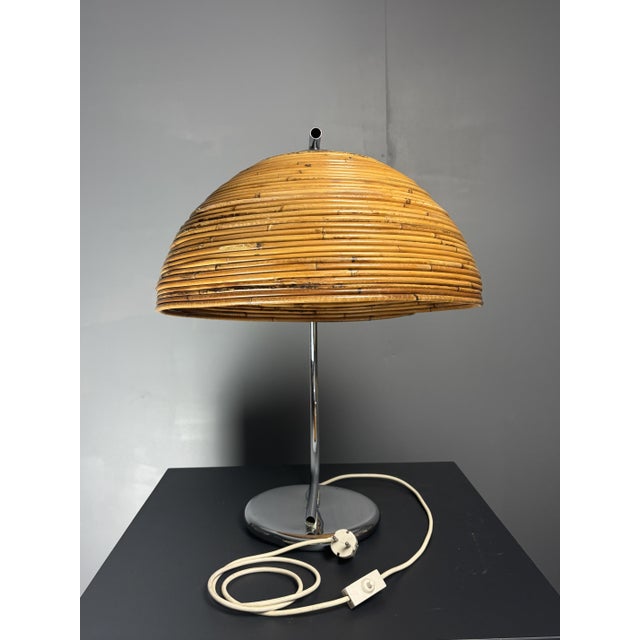 Vintage Italian Pencil Reed Rattan Bamboo and Chrome Arc Table Lamp, 1970s For Sale - Image 11 of 13