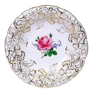 Antique Meissen White Porcelain Charger Rococo Design With Painted Pink Rose Bouquet, Signed For Sale