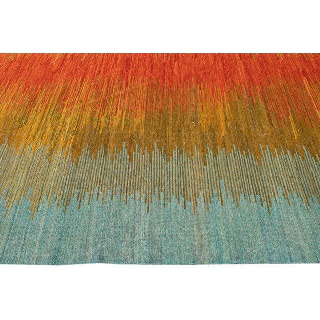 Orange Modern Kilim Flatweave Multicolor Abstract Wool Rug For Sale - Image 8 of 9