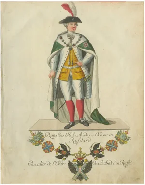 Schwan, Knight of the Order of St. Andrew in Russia, 18th Century, Hand-Colored Engraving