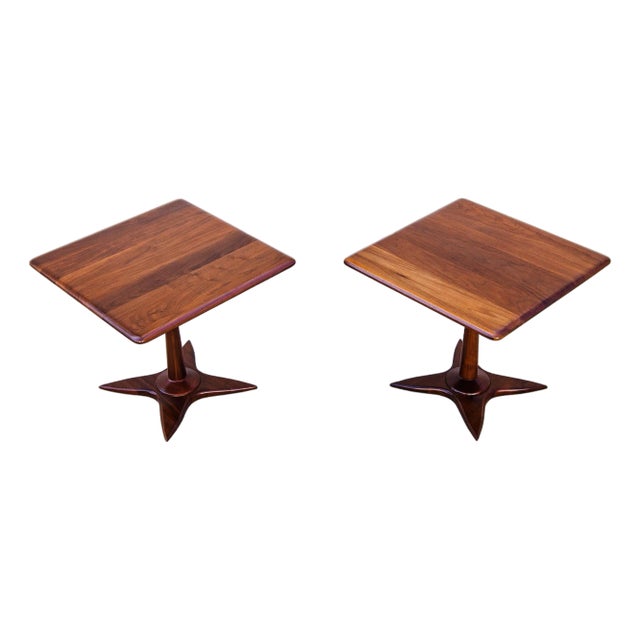 1960s Pair of Restored Mid Century Modern Solid Walnut Side Tables on Sculpted Base For Sale