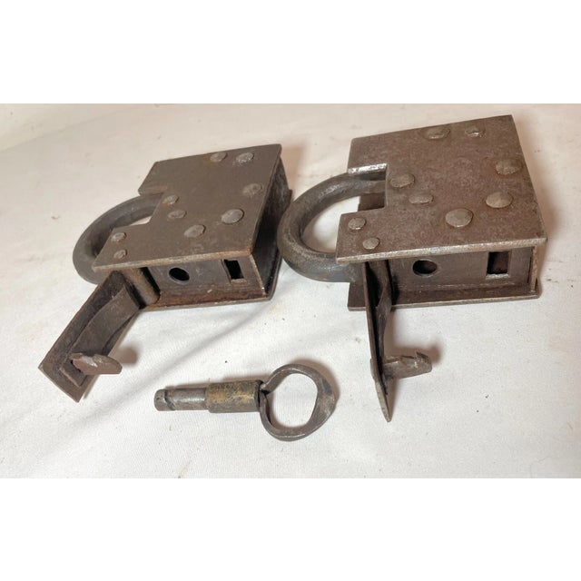 19th Century Pair of Rare Antique Hidden Key 1800's Pad Lock Solid Steel Wrought Iron Key For Sale - Image 5 of 10