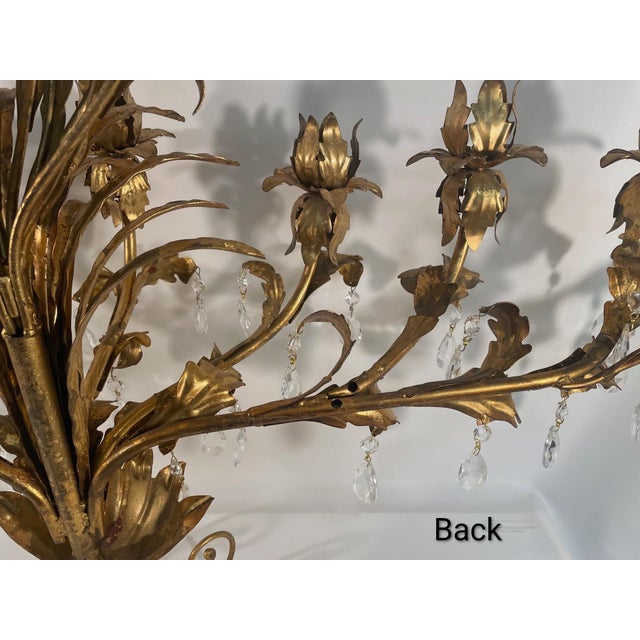 Large Mid 20th Century Italian Gilt Tole Candelabra Style Sconce With Crystals For Sale - Image 10 of 17
