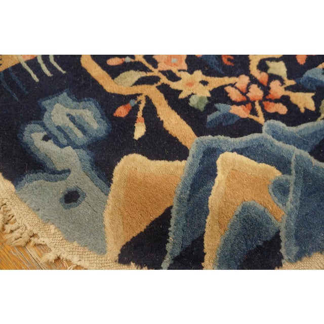Textile 1920s Blue Navy Floral Antique Pair of Chinese Peking Carpets 2' X 2' Hand Knotted Wool Carpets For Sale - Image 7 of 12