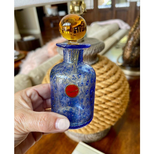 Late 20th Century Vintage Blue Gold Speckled Murano Glass Decanter Bottle Italian Glass Art For Sale - Image 5 of 8