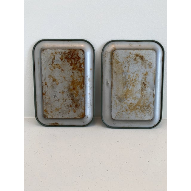 Set of 2 petite vintage tole metal rectangular trays in sage green with red botanical theme