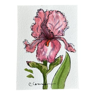 Original Watercolor Ink and Wash Small Painting Pink Iris For Sale