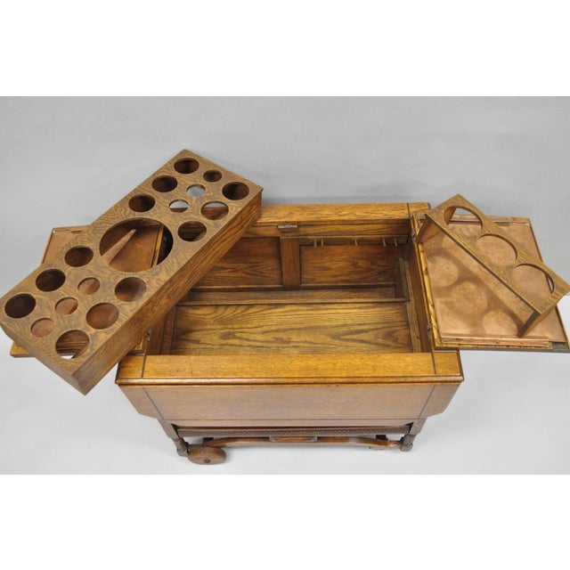Antique Arts & Crafts Oak Wood Rolling Bar Cart Liquor Cabinet by Lammert's For Sale - Image 16 of 18