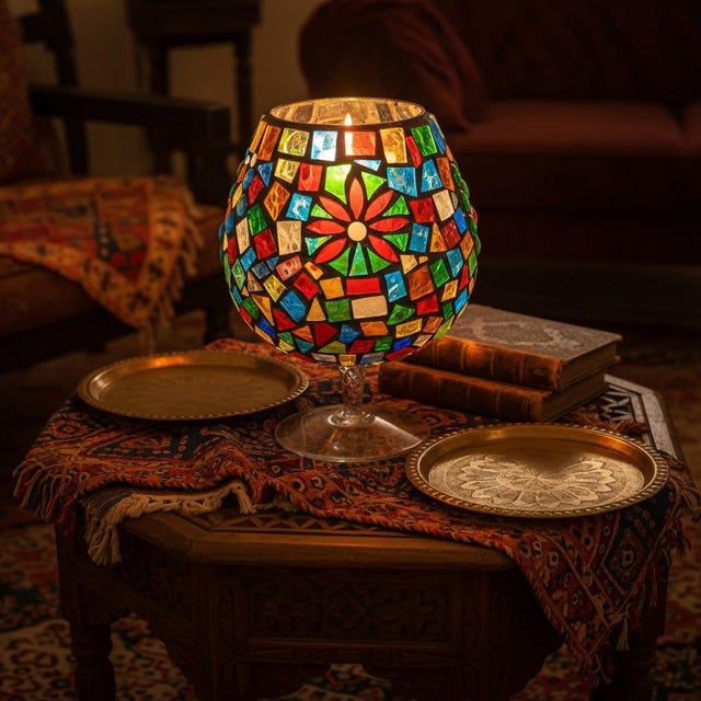 Oversized hand-crafted stained glass mosaic goblet candle holder with jewel-tone glass in ruby, emerald, cobalt, amber,...