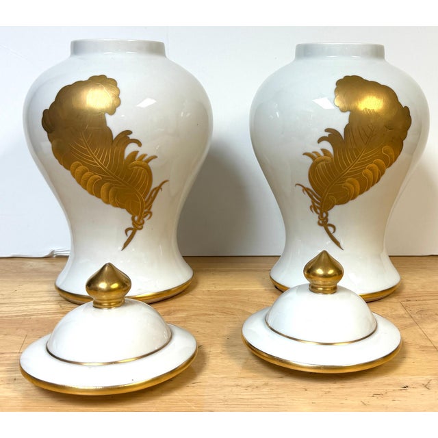 Pair Maison Jansen Style Porcelaine de Paris Covered Urns Gilt Feather Motif For Sale - Image 16 of 18