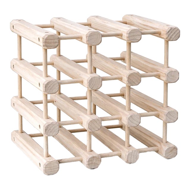 Mid 20th Century Coastal Whitewashed Solid Wood 9-Bottle Wine Rack — Scandinavian Organic Modern Storage For Sale
