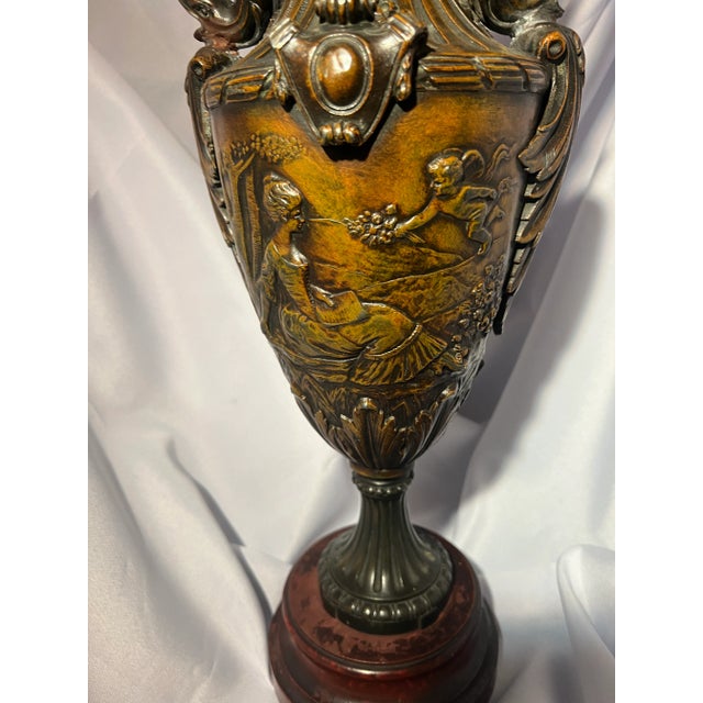 1900 - 1909 Antique Dark Patinated Brass Decorative Urn With Wood Base For Sale - Image 5 of 11