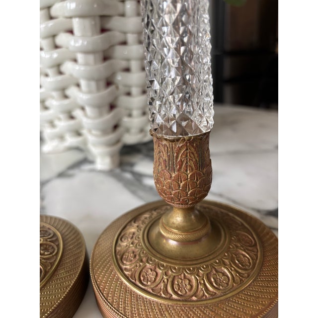 Metal Antique French Empire Revival Gilt Brass & Cut Glass Candlesticks - A Pair For Sale - Image 7 of 13