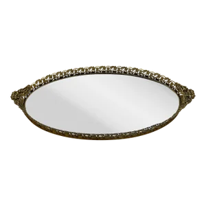 Filigree Oval Brass Vanity Tray With Mirror Inset