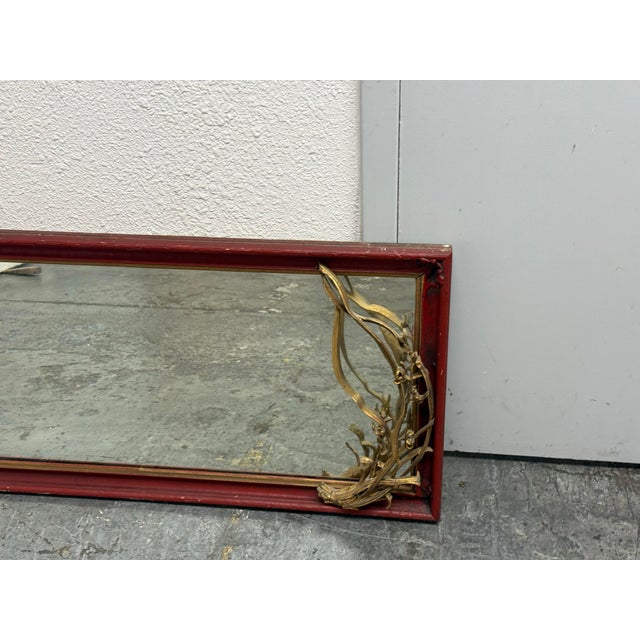 Glass Asian-Inspired Red + Gilt Botanical Wall Mirror, Vintage For Sale - Image 7 of 12