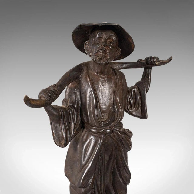 Late 19th Century Tall Antique Decorative Chinese Bronze Water Carrier Statue For Sale - Image 10 of 13