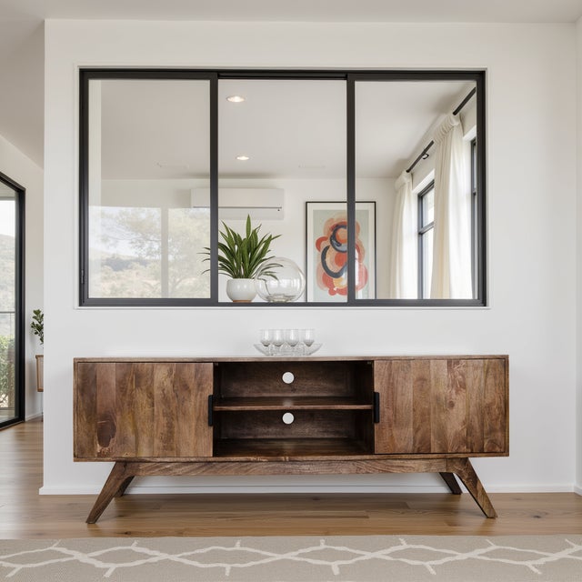 NEW Hans Mid-Century Modern Media Credenza, TV Console, crafted from thick solid hardwood for lasting beauty. This is...