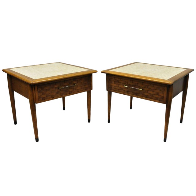 Mid Century Modern Lane Style Walnut & Travertine One Drawer End Tables a Pair Chairish