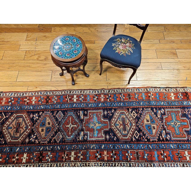 Antique Persian Heriz Serapi Runner Rug, Hand-Knotted Wool, Geometric Pattern, Navy & Red,4x12 For Sale - Image 11 of 11