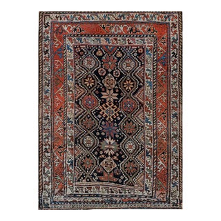 1900s Blue Navy Geometric Tribal Antique Persian Luri Rug 4'6" X 6'2" Handknotted Wool Carpet For Sale