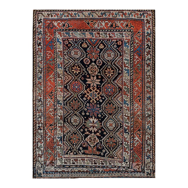 1900s Blue Navy Geometric Tribal Antique Persian Luri Rug 4'6" X 6'2" Handknotted Wool Carpet For Sale