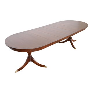 Henkel Harris Georgian Banded Mahogany Double Pedestal Extension Dining Table, Newly Refinished For Sale