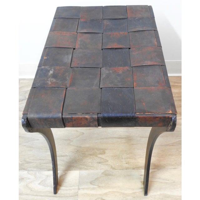 Woven Leather Strap Stool With Saber Legs For Sale - Image 4 of 9