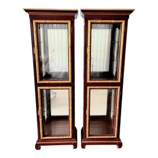Vintage Dark Red Gold Faux Bamboo Ming Leg Jasper Style Palm Beach Regency Lighted Glass Shelving Etagere Cabinets- A Pair For Sale