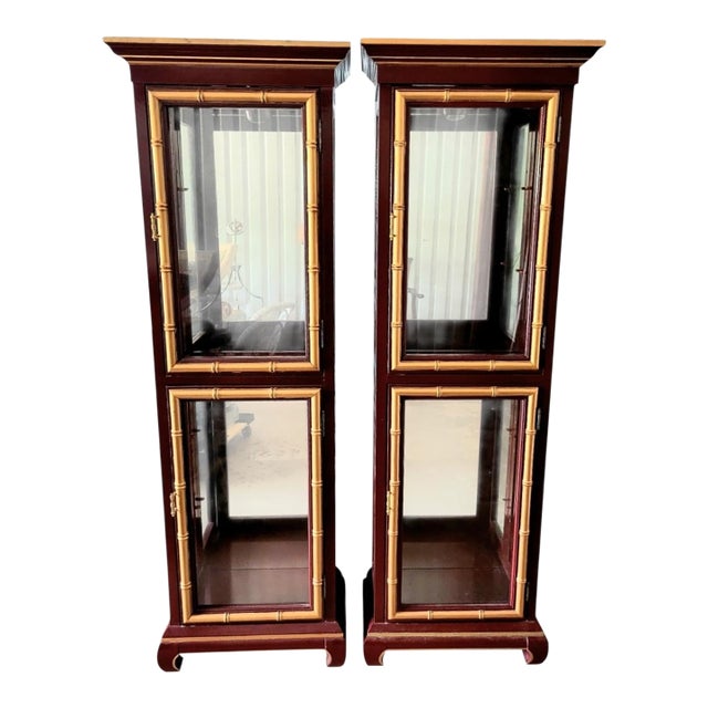 Vintage Dark Red Gold Faux Bamboo Ming Leg Jasper Style Palm Beach Regency Lighted Glass Shelving Etagere Cabinets- A Pair For Sale