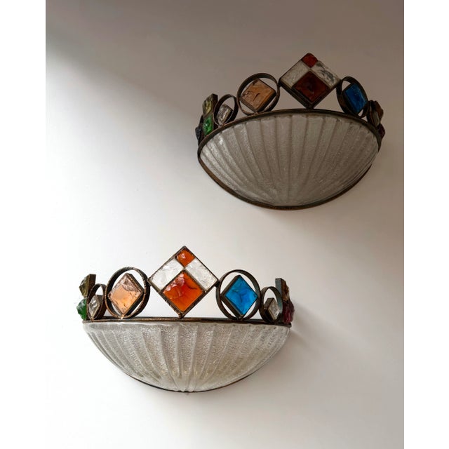 Copper Hammered Glass Wrought Iron Murano Glass Sconces by Longobard, Italy, 1970s, Set of 10 For Sale - Image 8 of 13