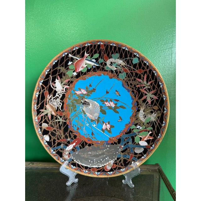 Meiji Japanese Cloisonne Enamel Charger With Crab, Fish, and Marine Life in Net For Sale - Image 4 of 12