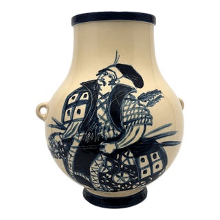 Vintage Japanese Satsuma Style Blue White Samurai Vase Signed Asta Large Hand Painted Ceramic Vase 11.75 Inch Mid Century Decor For Sale