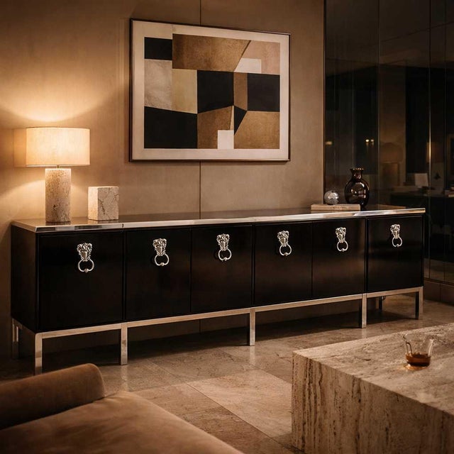 1970s Hollywood Regency Black Credenza in the Style of Tommi Parzinger, Chrome For Sale - Image 11 of 12