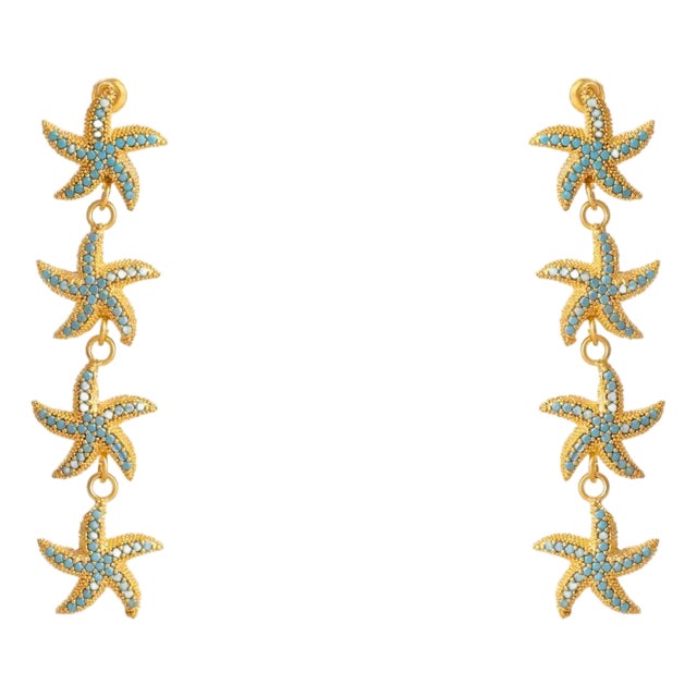 Turquoise Starfish Cascade Gold Dangle Earrings, A Pair For Sale