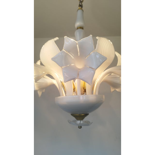 Vintage Italian White Murano Styled Calla Lilly Chandelier Brass Lighting 1970s For Sale - Image 9 of 17