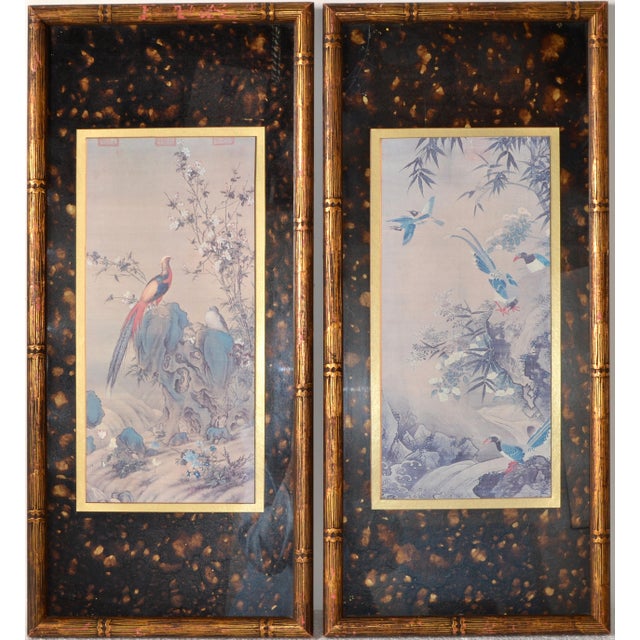 Mid 20th Century Marked Asian Paintings Chinoiserie Prints Pheasant Scene Gilt Faux Bamboo Custom Framed - Set of 2 For Sale - Image 12 of 12