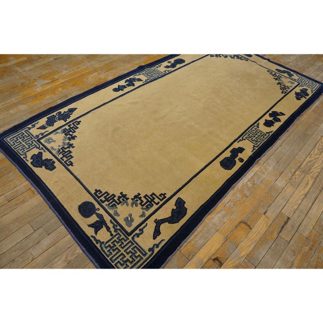 Chinese 1900s Classic Beige Solid Field Chinese Motifs Antique Peking Small Wool Rug For Sale - Image 3 of 10