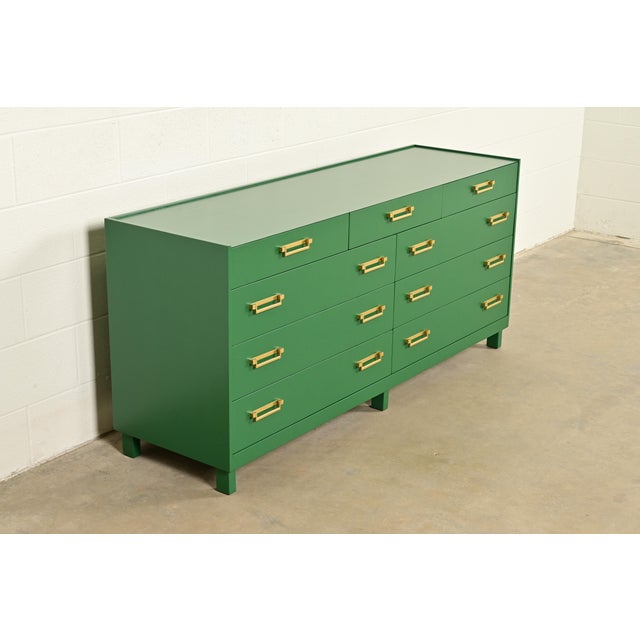 Baker Furniture Company Michael Taylor for Baker Furniture Mid-Century Hollywood Regency Green Lacquered Campaign Dresser, Newly Refinished For Sale - Image 4 of 15